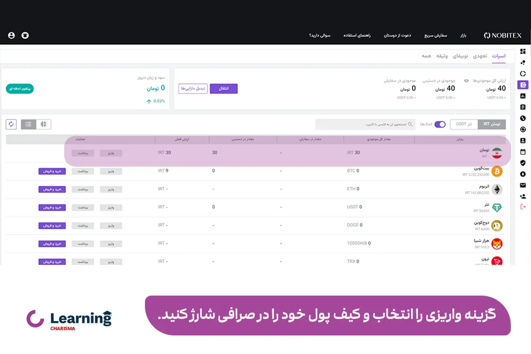 شارژ کیف پول تومان در صرافی نوبیتکس به عنوان اولین گام آموزش خرید و فروش بیت کوین